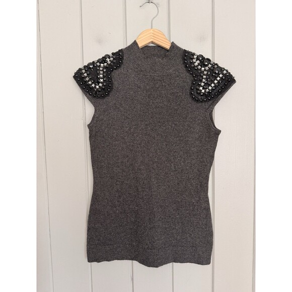 Saks Fifth Avenue Cashmere Sweater S Small Gray Short Sleeves Rhinestones Mock - Picture 1 of 5